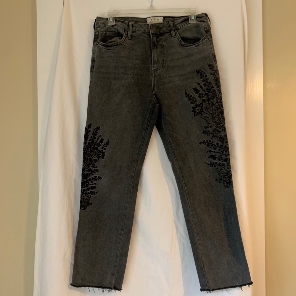 We The Free gray denim jeans with black floral embroidery & raw edge hems